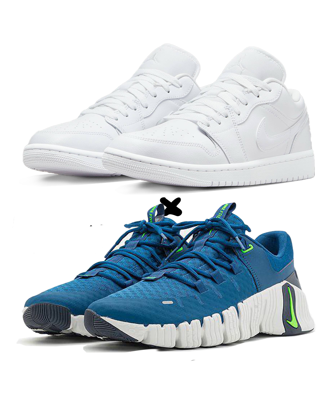 Air Jordan 1 Low Triple White  X.  Nike Free Metcon 5 Court Blue